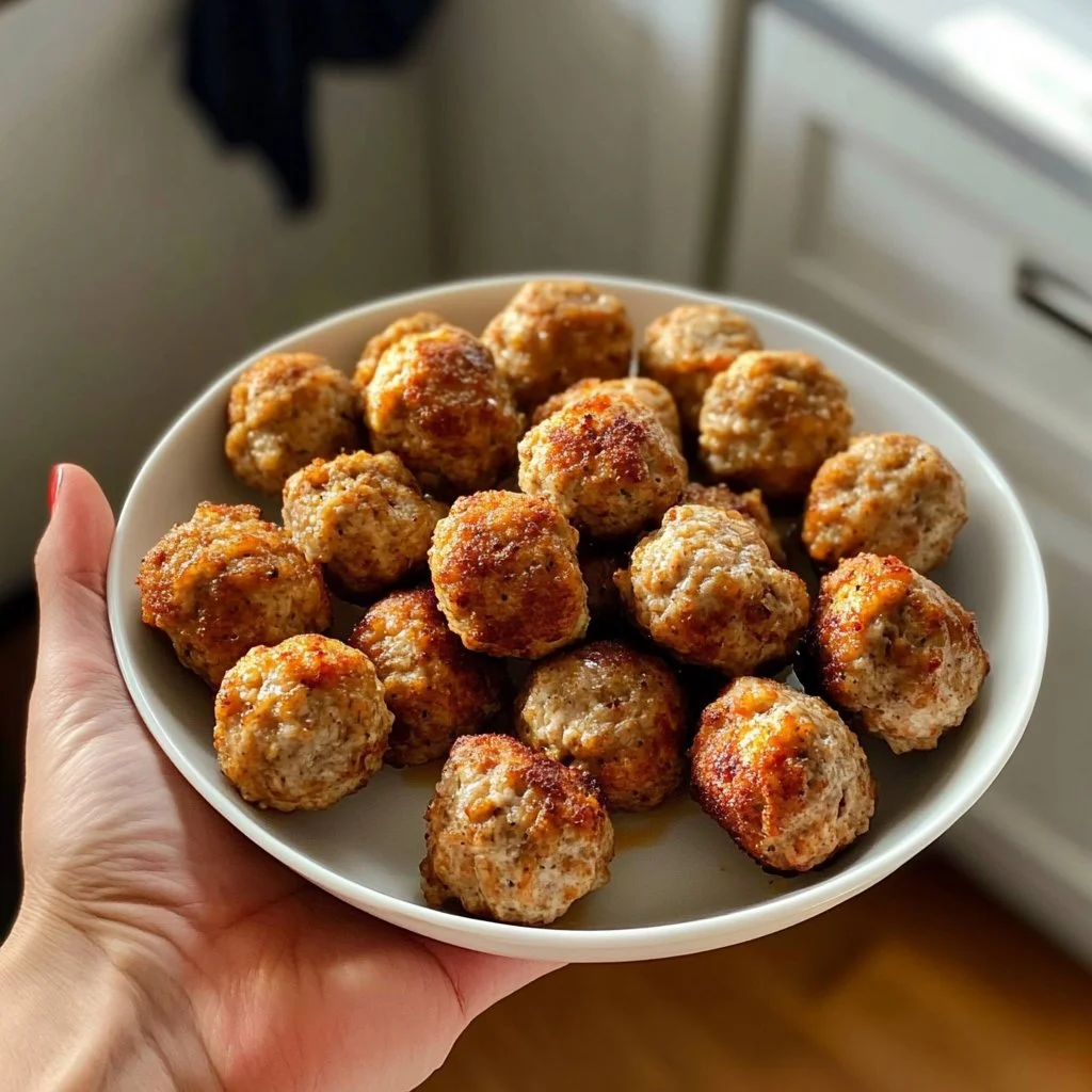 Air fryer turkey meatballs served on a plate with herbs and marinara sauce