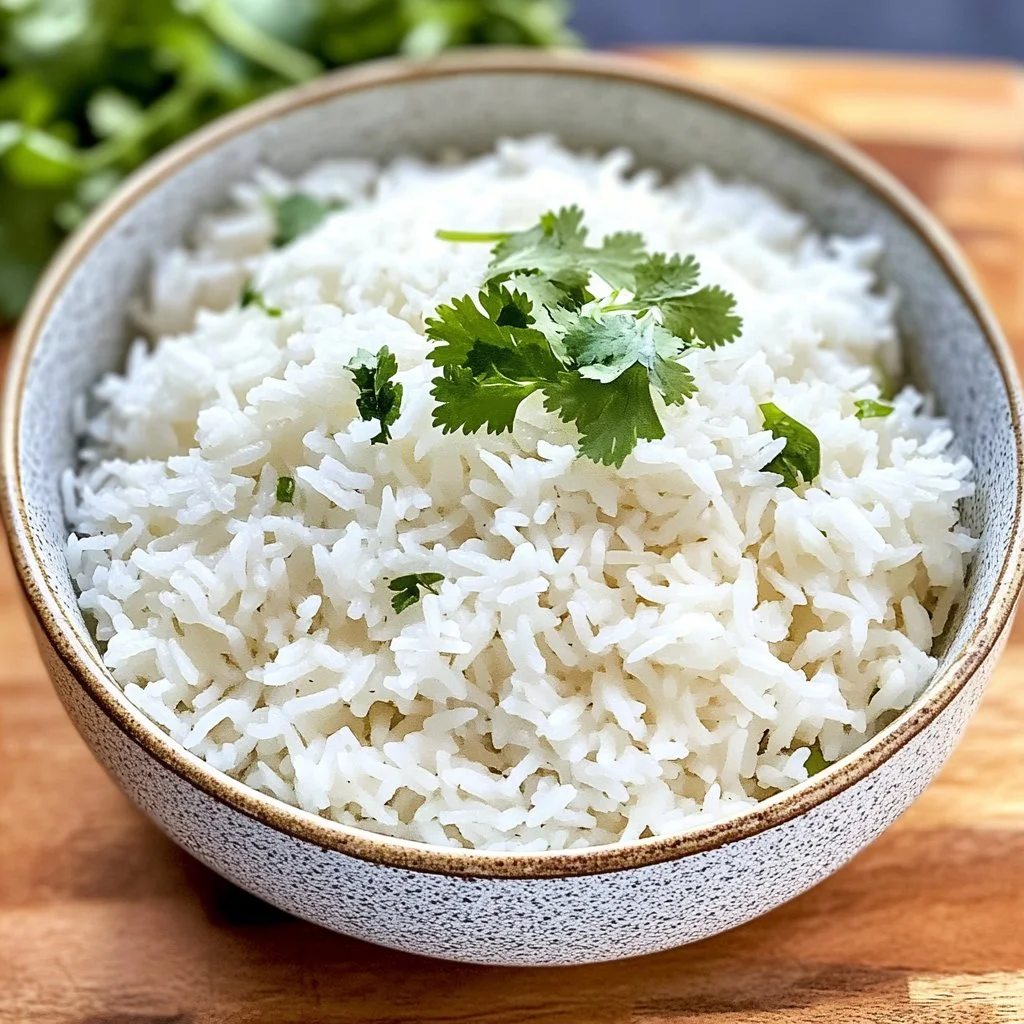 Baked Coconut Rice served in a bowl, showcasing its fluffy texture and coconut flavor.