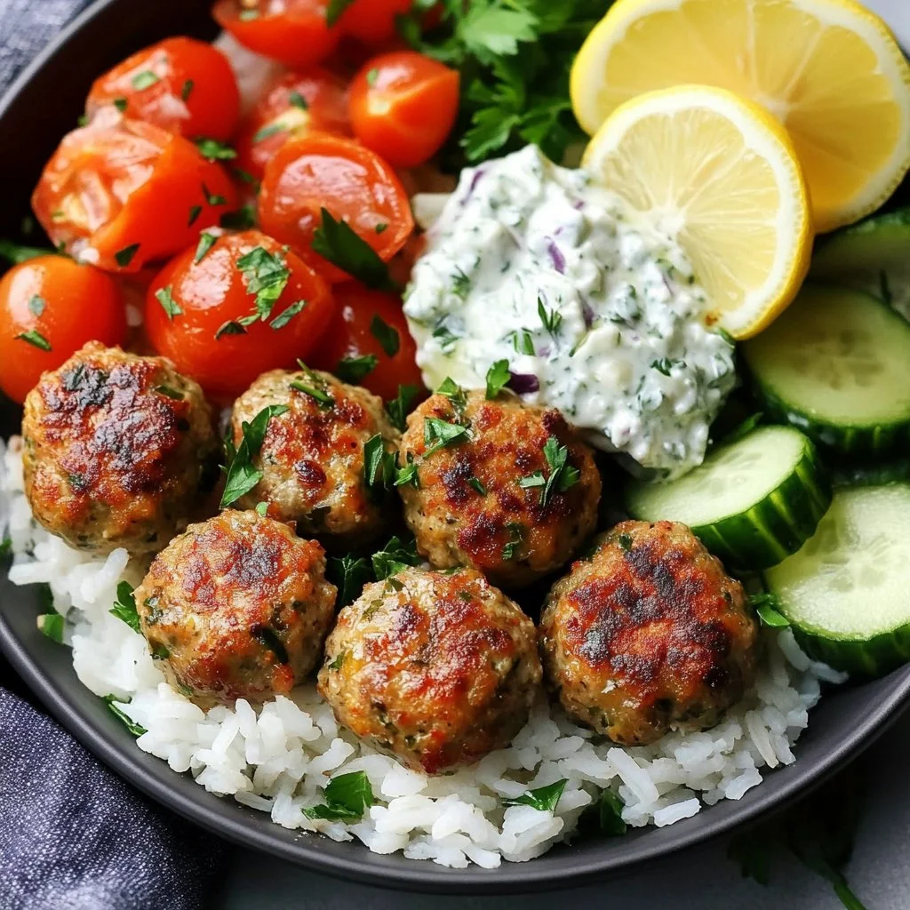 Baked Greek turkey meatballs served with tzatziki sauce on a plate
