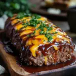 Delicious BBQ Cheddar Meatloaf served with sides on a plate.