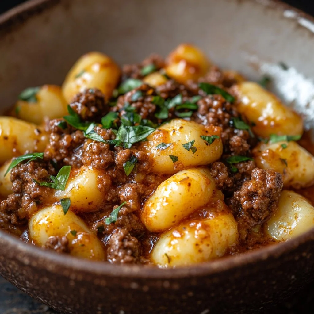 Delicious Beef and Gnocchi served in a bowl with herbs.
