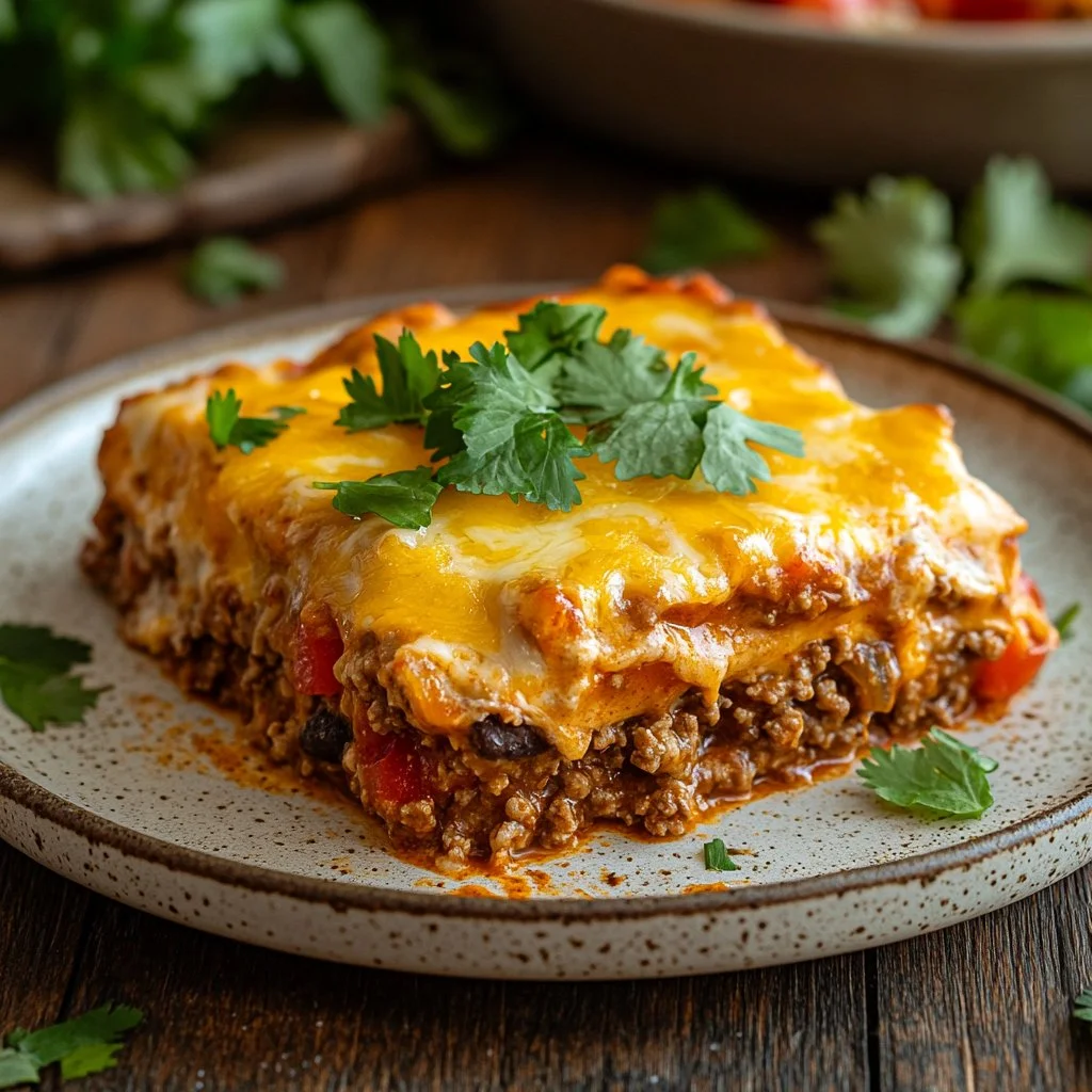 Delicious beef enchilada casserole with rich flavor and melted cheese