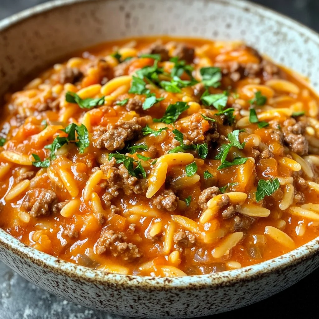 Plate of Beef Orzo with Tomato Cream Sauce, garnished and ready to serve.