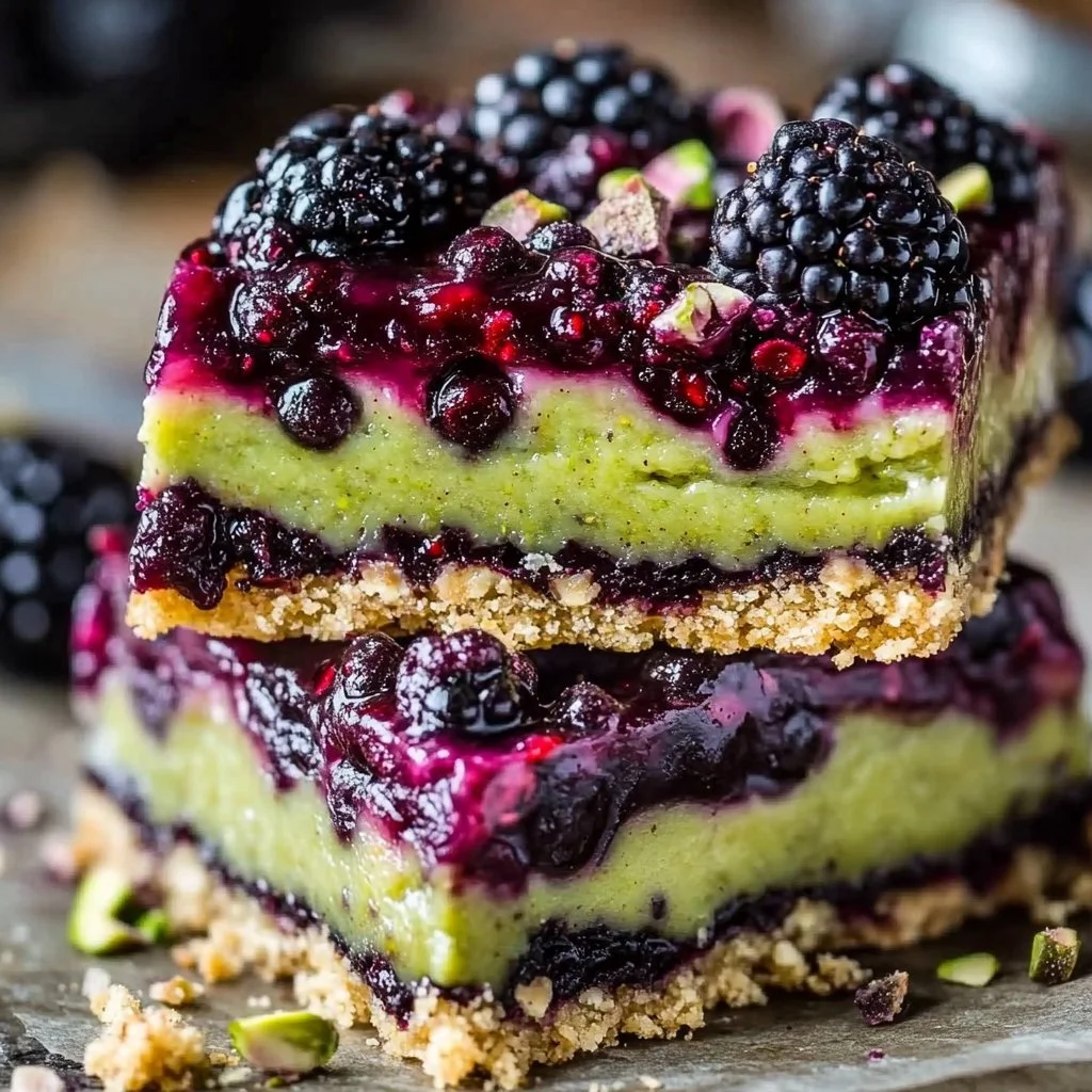 Delicious Blackberry Pistachio Dream Bars with fresh blackberries and pistachios