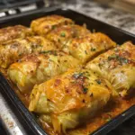 Delicious homemade cabbage rolls with meat and rice filling, topped with sauce.