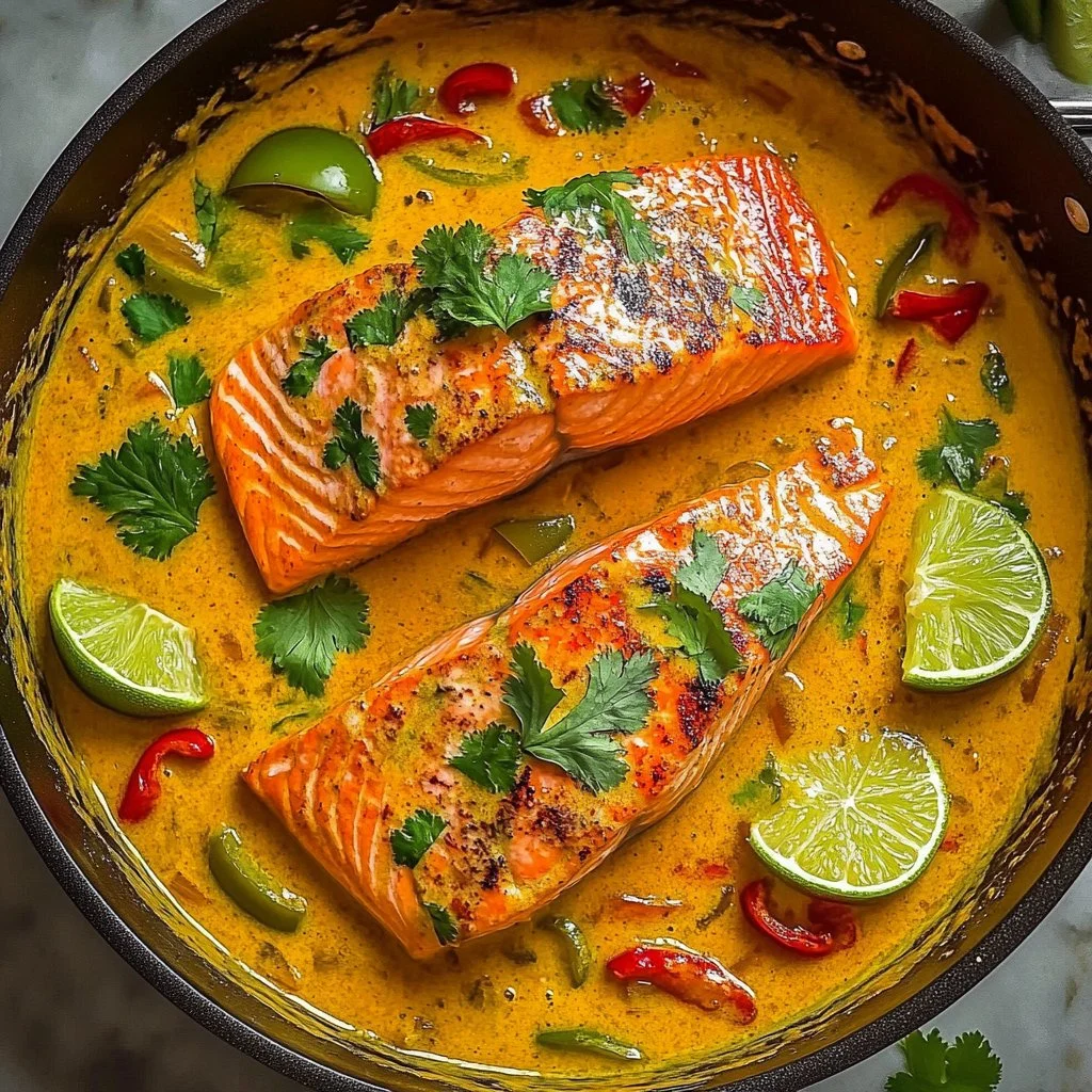 Caribbean Coconut Curry Salmon served with vibrant vegetables and herbs