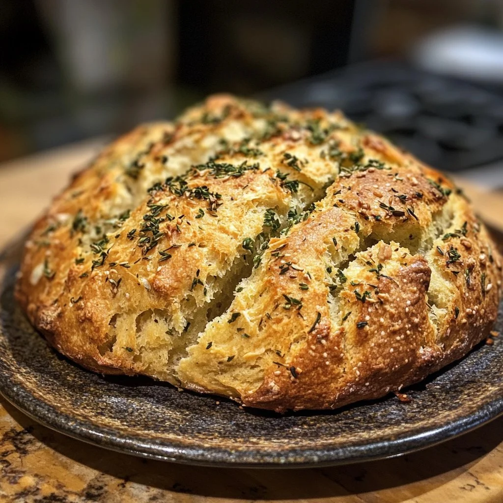 Freshly baked Cheddar and Herb Soda Bread on a wooden cutting board