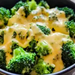 Creamy cheesy broccoli dish served in a bowl, perfect for vegetarian meals.
