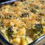 Cheesy Broccoli Casserole served in a baking dish with melted cheese