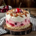 Delicious Cherry Almond Poke Cake topped with cherries and almond slivers