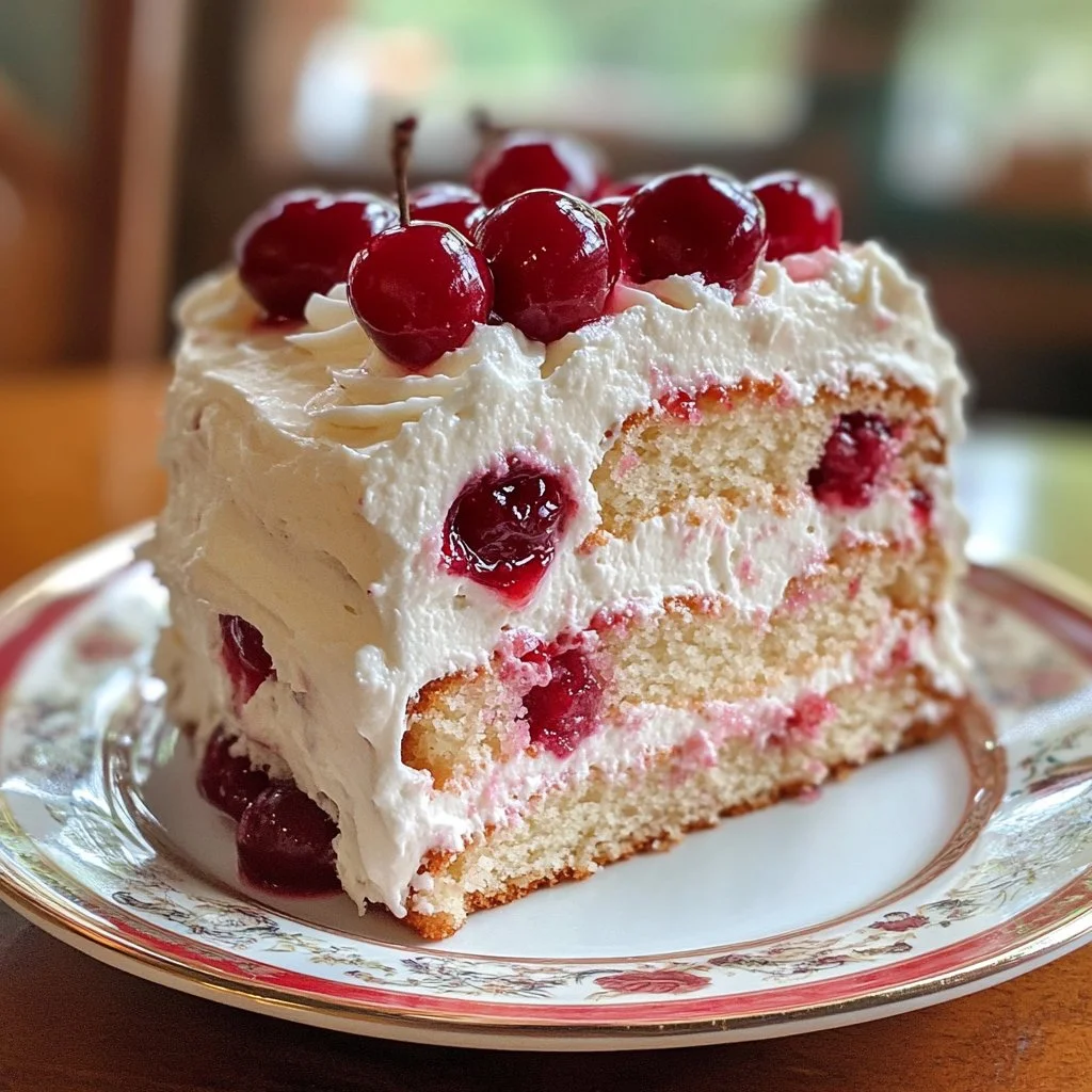 Delicious homemade Cherry Cake topped with fresh cherries and icing.