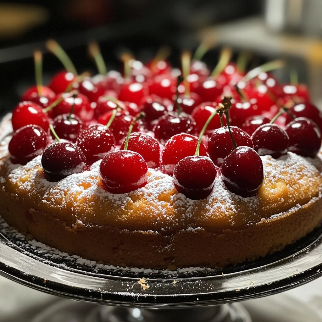 Delicious homemade cherry cake topped with fresh cherries and whipped cream.