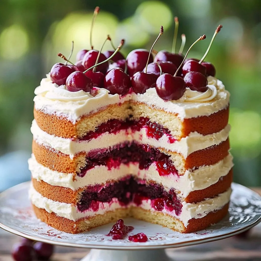 Delicious Cherry Layer Cake with Cherry Cream Cheese Frosting on a decorative plate.