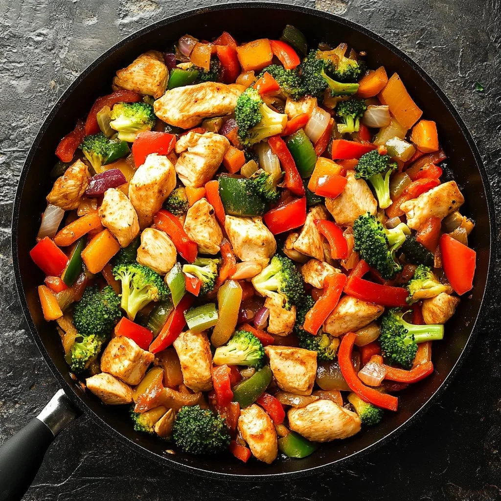 Healthy chicken and vegetables skillet dish ready to serve