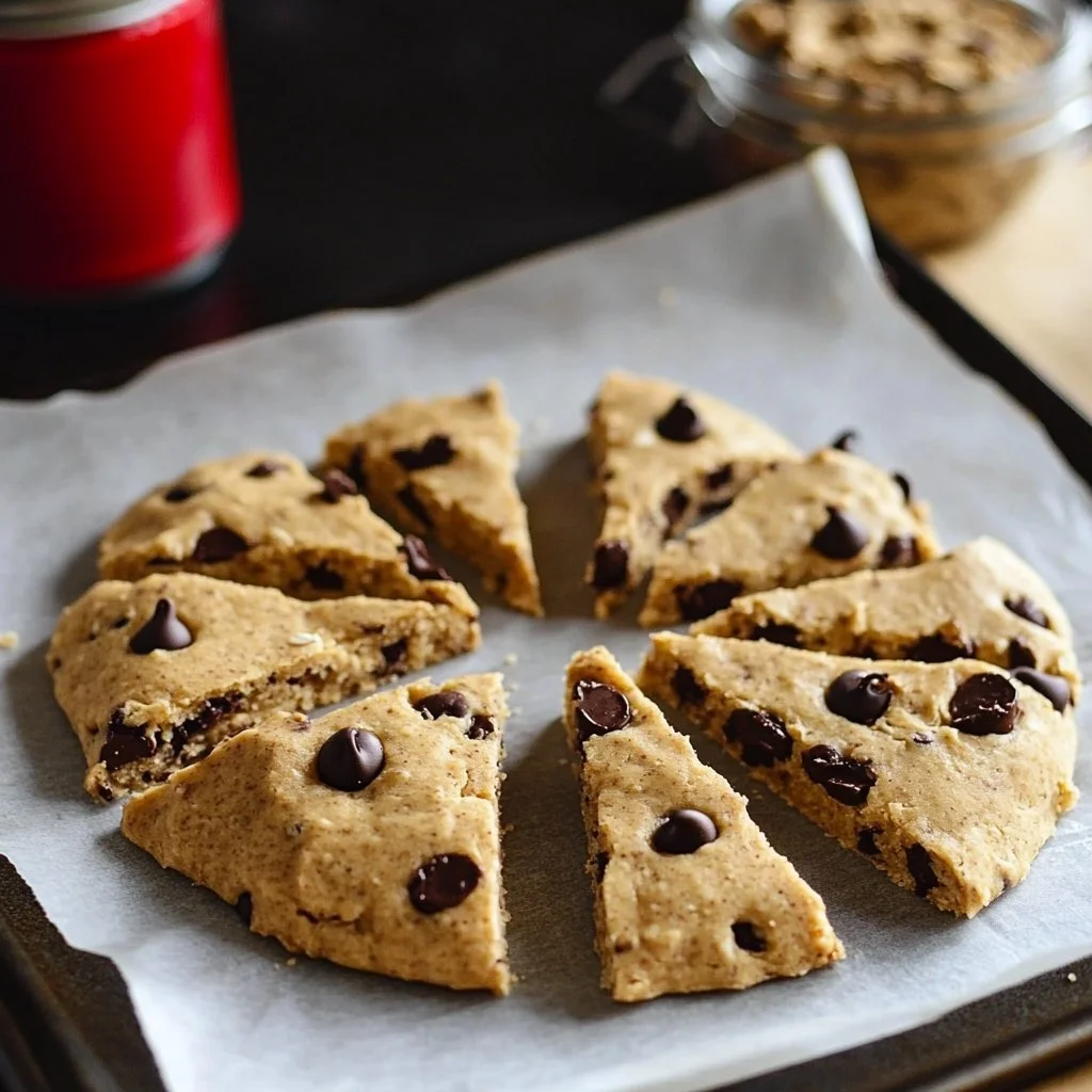 Chocolate chip peanut butter oatmeal scones on a rustic plate