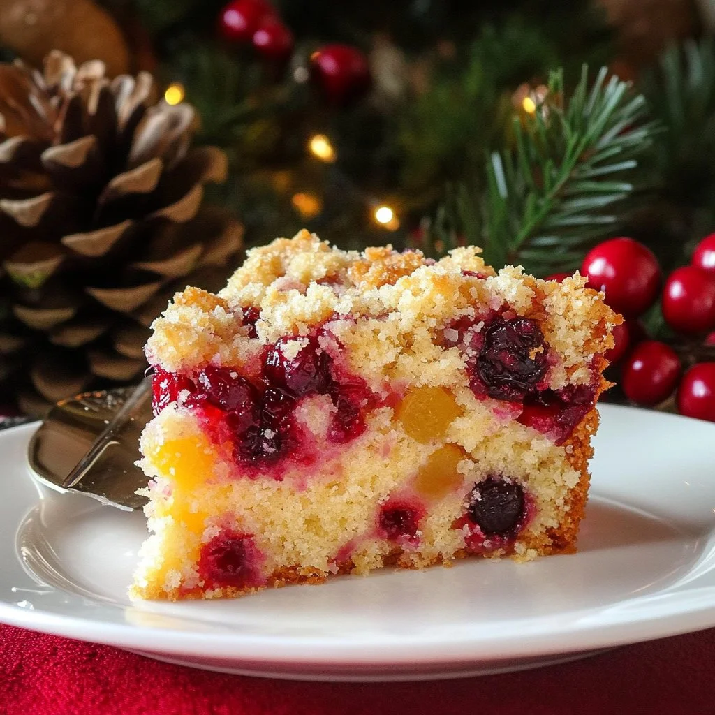 Christmas cranberry buckle dessert with sugar cookie streusel topping