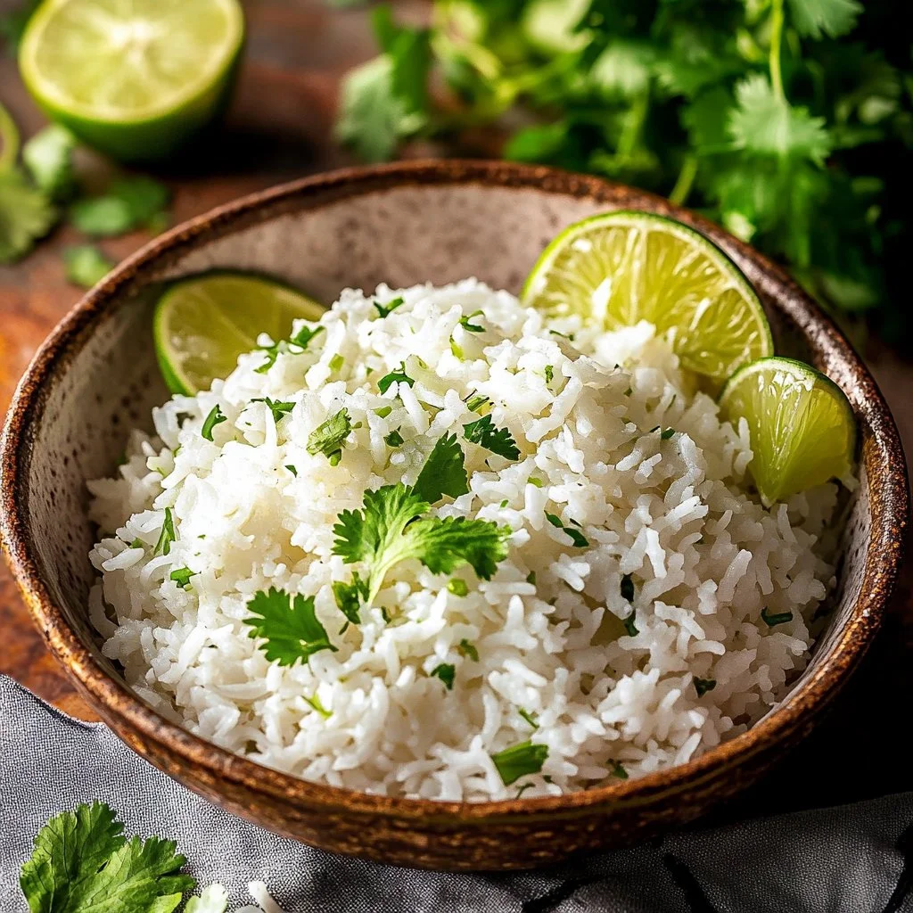 Bowl of Cilantro Coconut Lime Rice garnished with cilantro and lime wedges