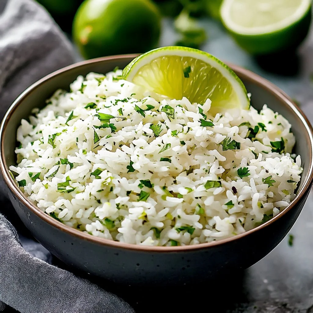 Bowl of cilantro lime rice garnished with fresh cilantro and lime slices