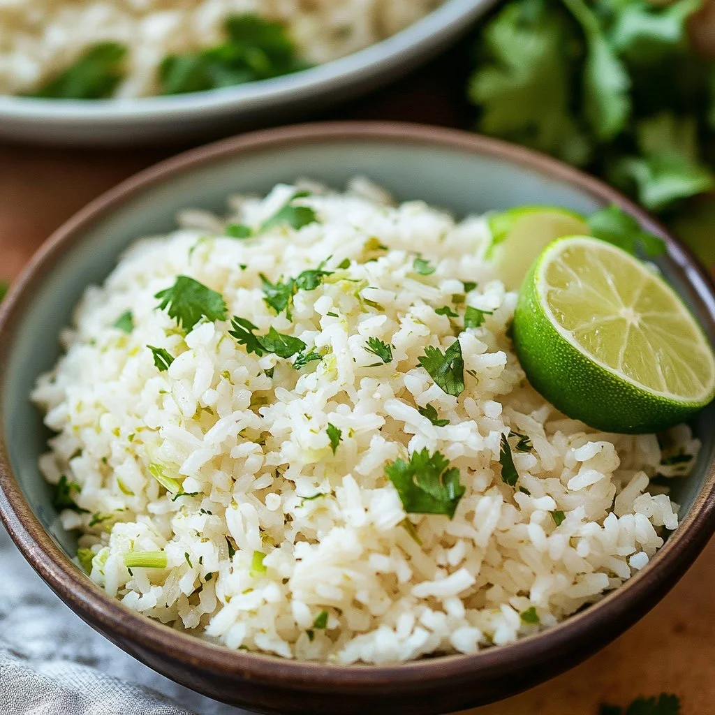 Bowl of cilantro lime rice with fresh cilantro and lime wedges