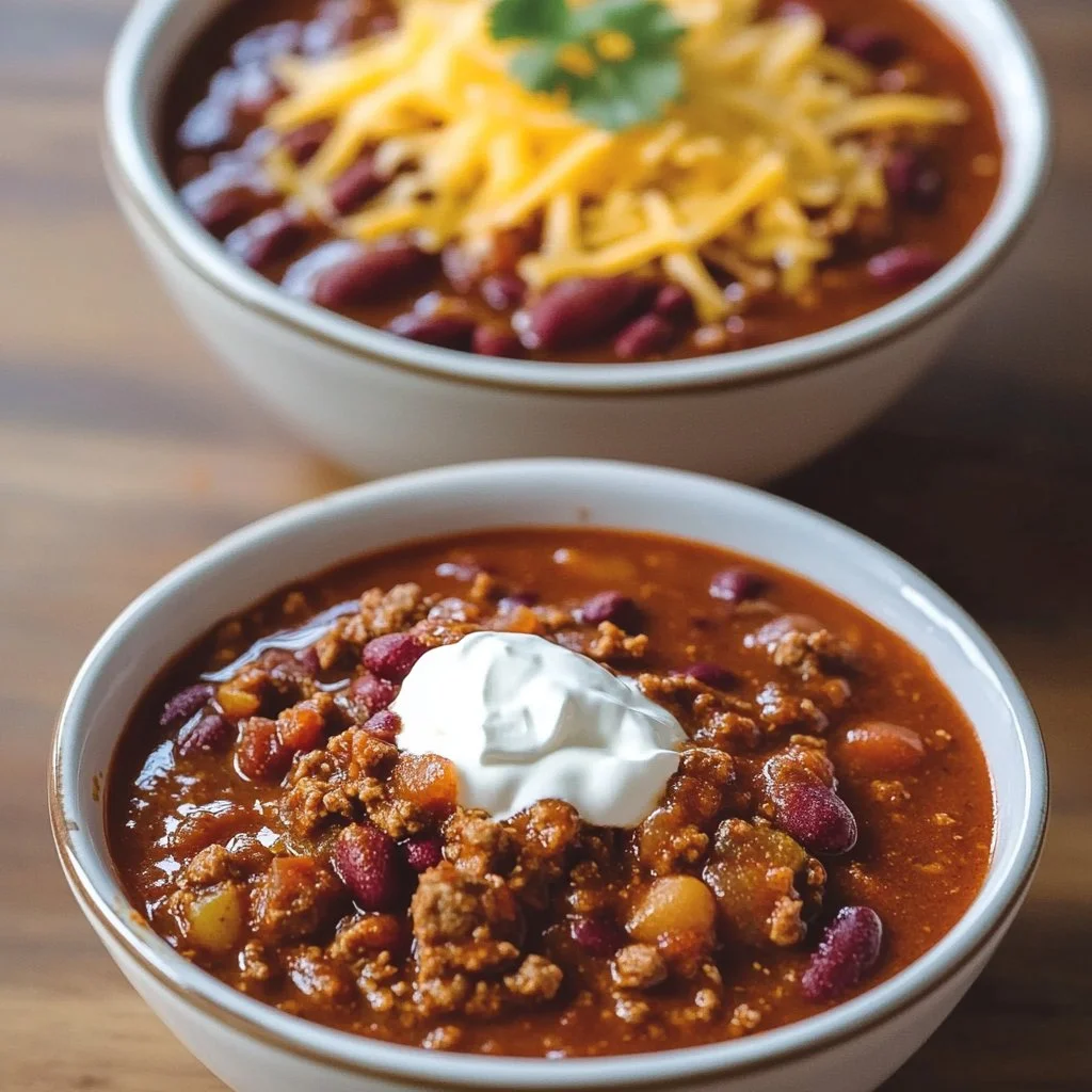 Bowl of classic homemade chili topped with shredded cheese and green onions