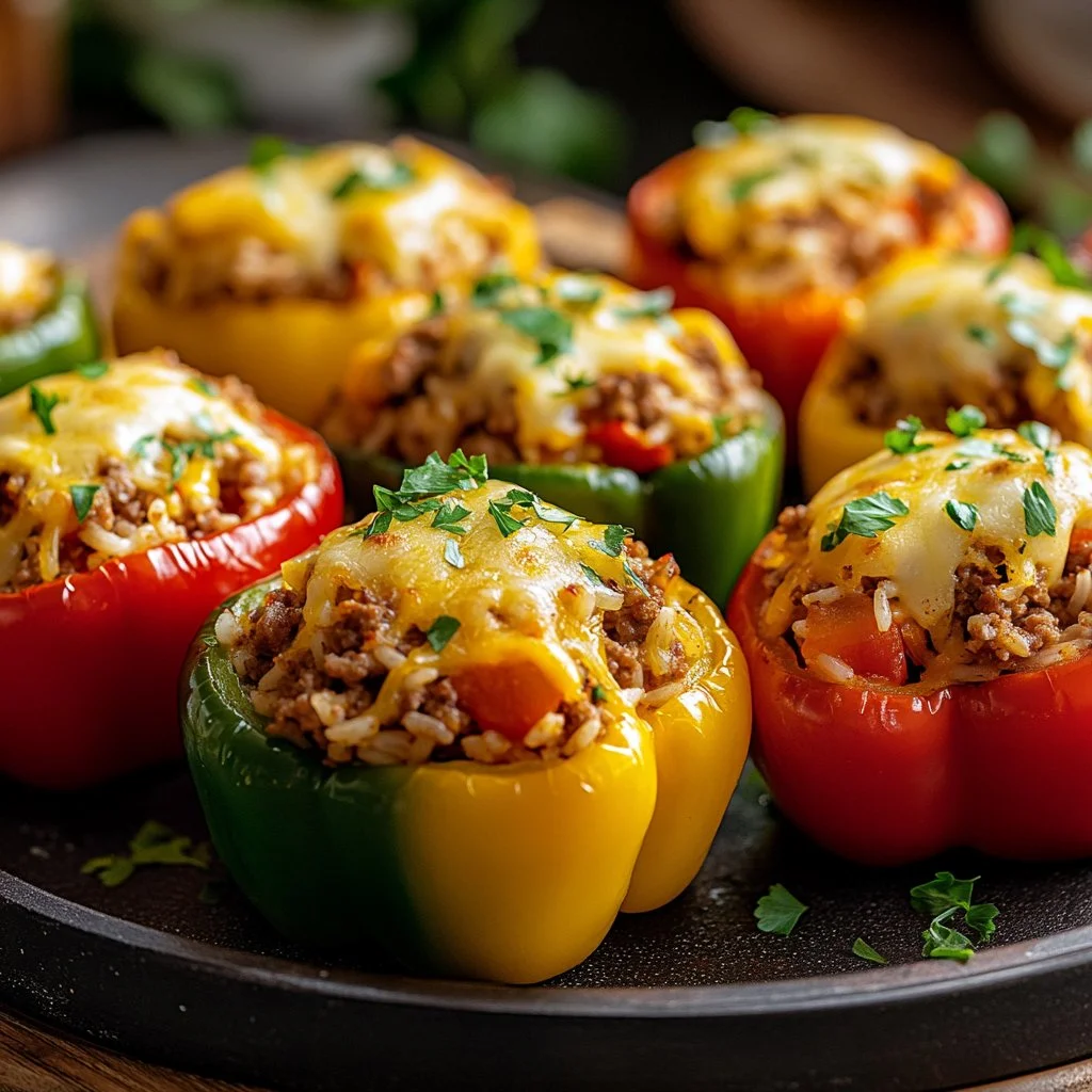 Delicious classic stuffed peppers filled with rice and ground beef