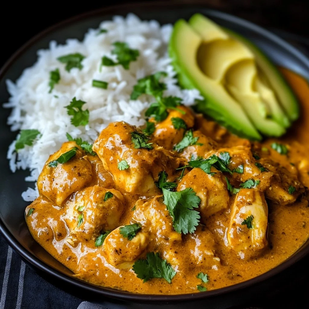 Plate of juicy Coconut Chicken garnished with fresh herbs