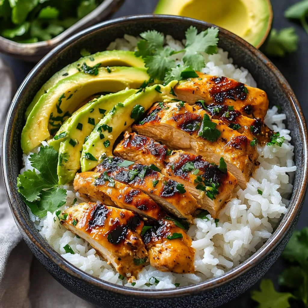 Delicious Coconut Chicken Rice Bowl garnished with herbs and served in a bowl