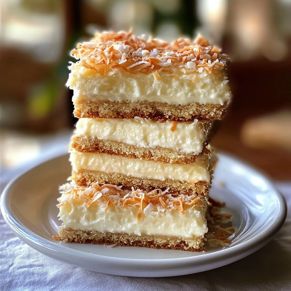 Delicious homemade Coconut Cream Bars topped with toasted coconut.