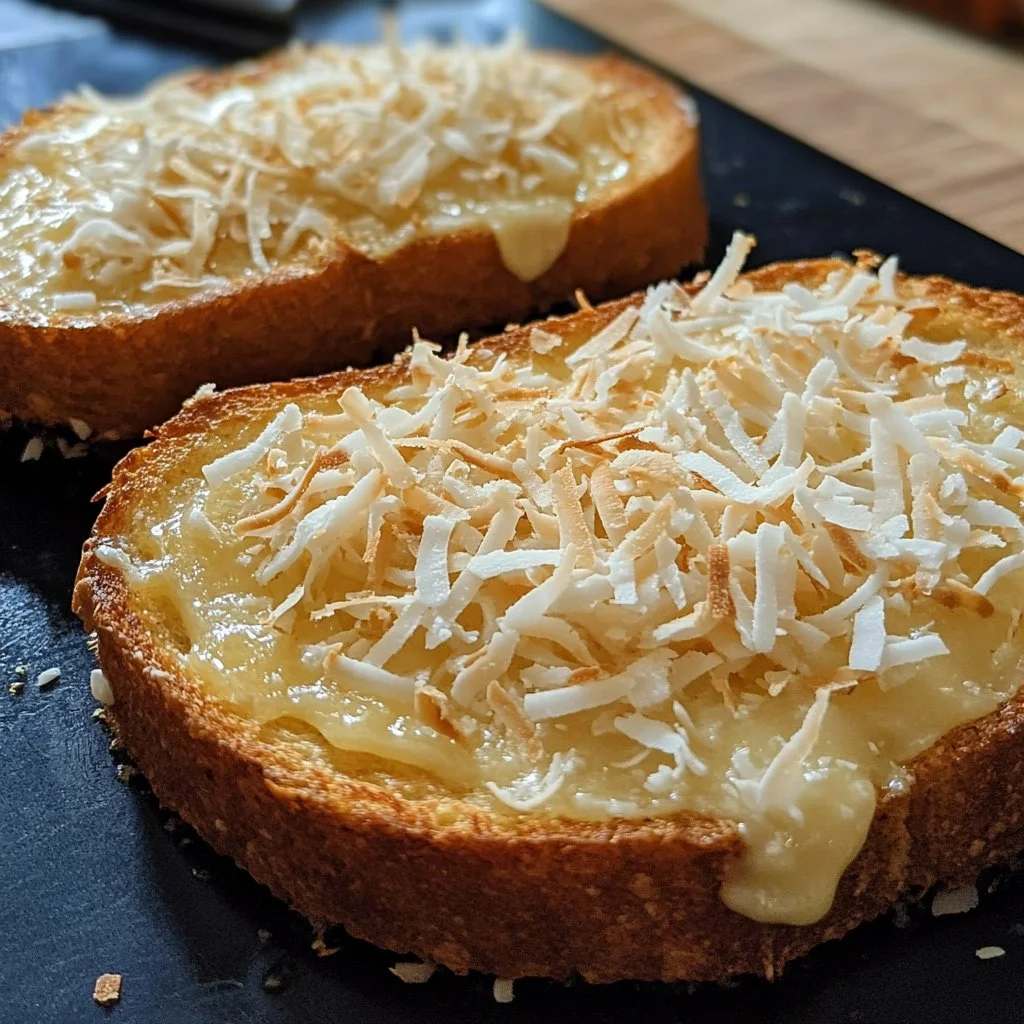 Delicious Coconut French Toast topped with coconut flakes and served with syrup
