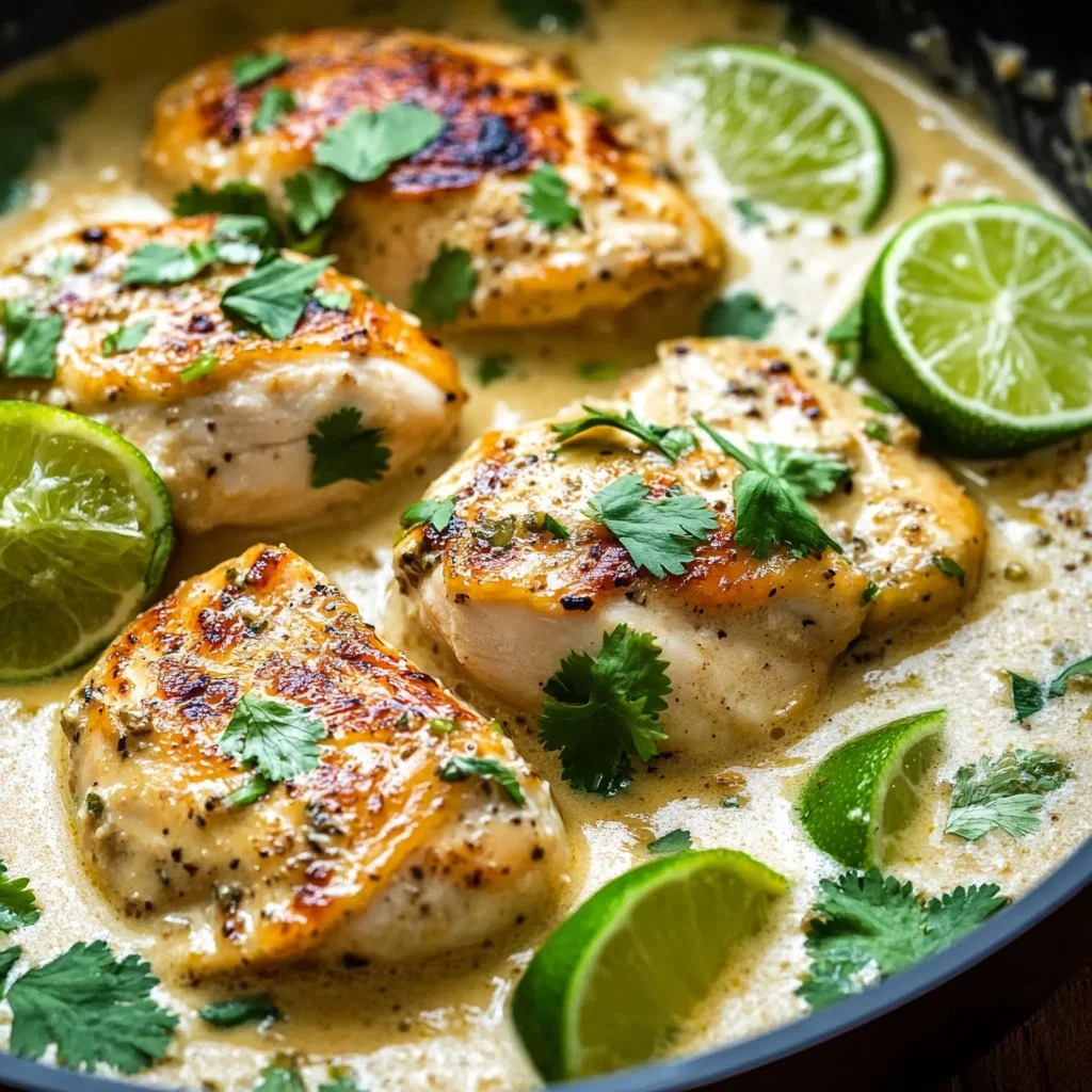 Delicious Coconut Lime Chicken garnished with fresh lime and herbs