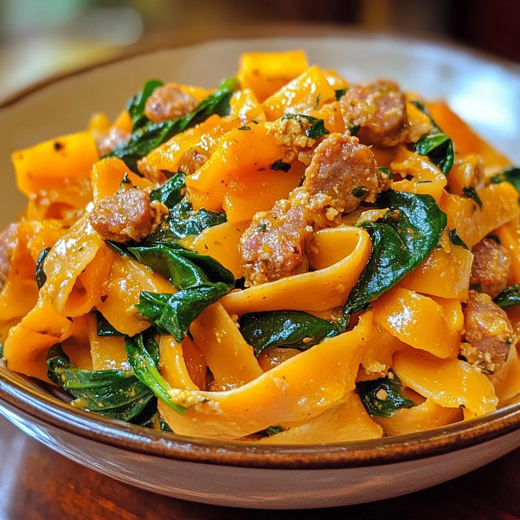 Creamy butternut squash pasta with sausage and spinach in a bowl