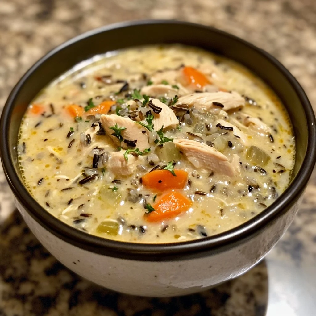 Bowl of creamy chicken and wild rice soup garnished with parsley