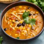 Bowl of creamy chicken tortilla soup garnished with tortilla strips and cilantro