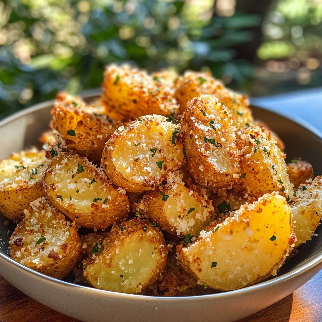 Crispy Parmesan Potatoes in a bowl, garnished and ready to serve.