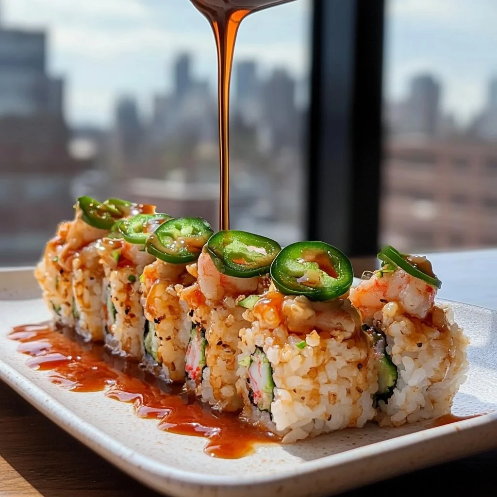 Crispy rice topped with a vibrant spicy shrimp salad garnished with fresh herbs.