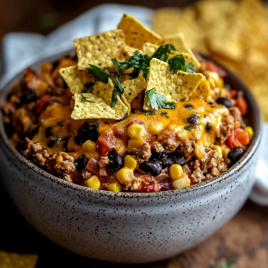 Delicious Crockpot Taco Casserole topped with cheese and garnished with herbs