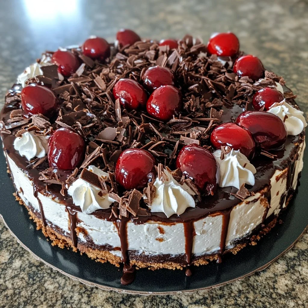 Decadent Black Forest Cheesecake topped with cherries and whipped cream