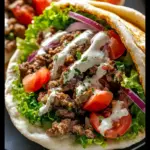 Delicious ground lamb gyros served with fresh vegetables and sauces.