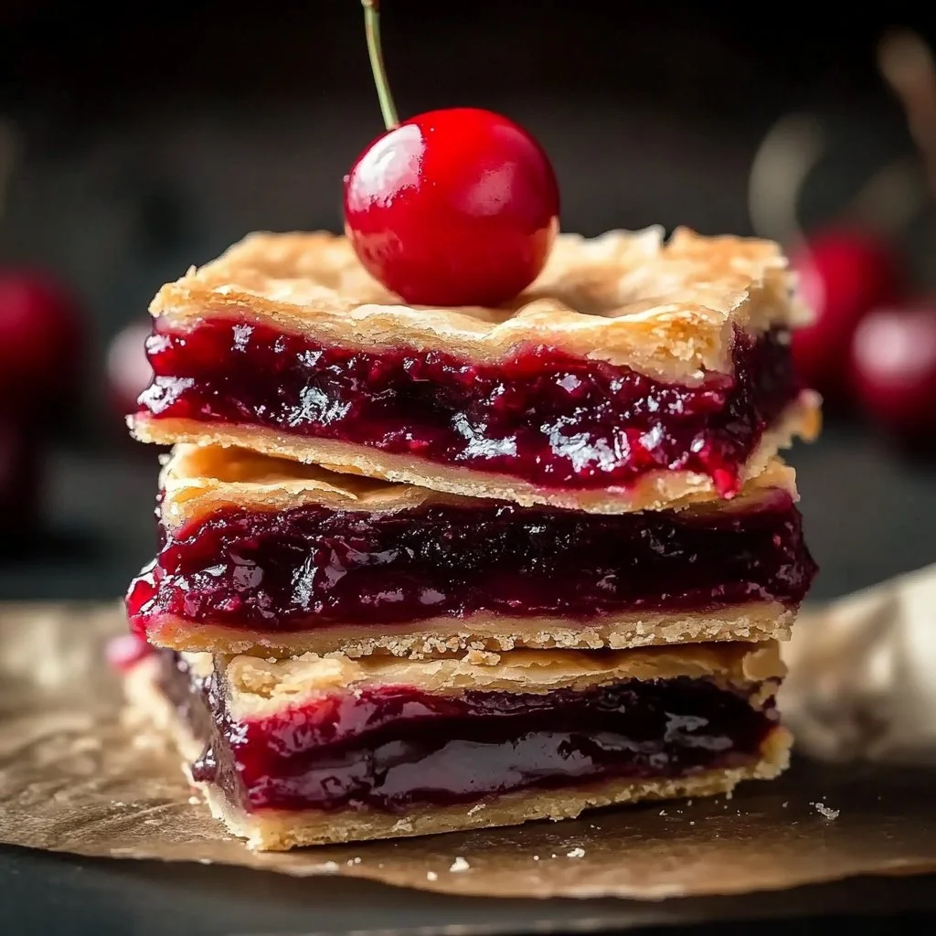 Delicious easy cherry pie bars with a flaky crust and juicy cherry filling.
