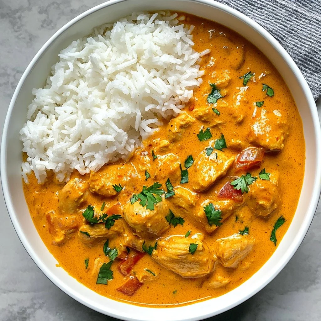 Easy and healthy coconut chicken curry served in a bowl with rice and vegetables