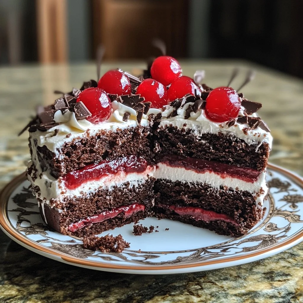 Delicious Mini Black Forest Cake topped with cherries and chocolate shavings.