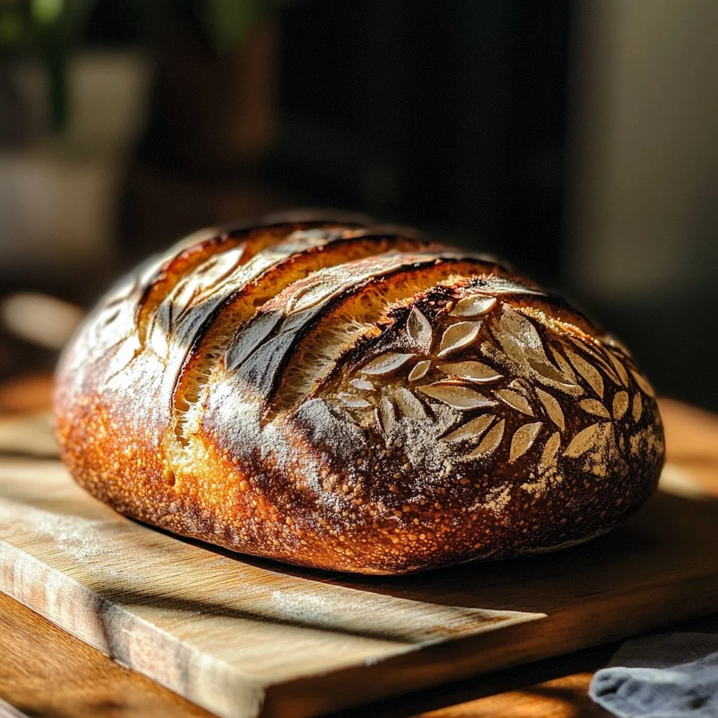 Freshly baked easy sourdough loaf with a crispy crust