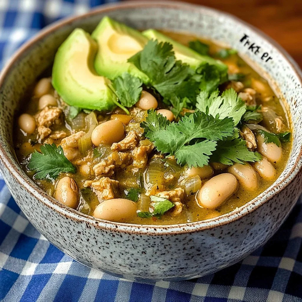 Bowl of Easy White Bean Turkey Chili Verde with white beans and fresh toppings