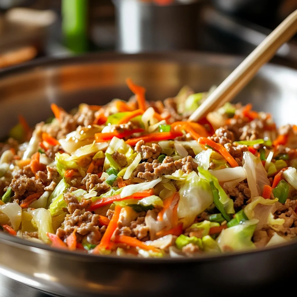 Delicious egg roll in a bowl recipe served in a bowl with fresh vegetables.