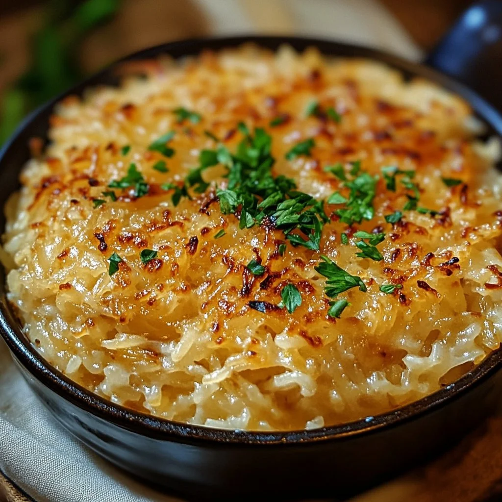 Bowl of French onion soup rice topped with melted cheese and herbs