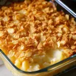 Delicious plate of funeral potatoes topped with crunchy breadcrumbs and cheese