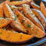 Plate of garlic parmesan sweet potato wedges garnished with herbs