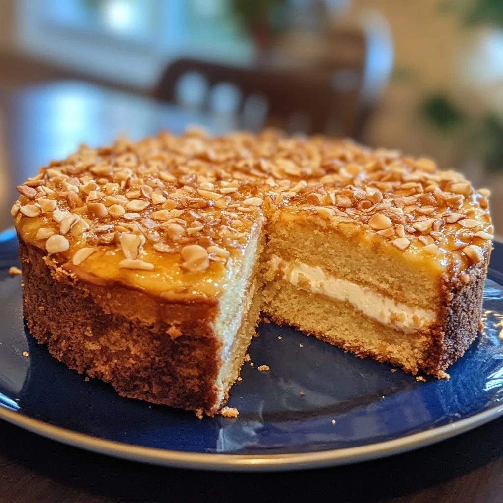 Slice of German Bee Sting Cake topped with honey and almond slices