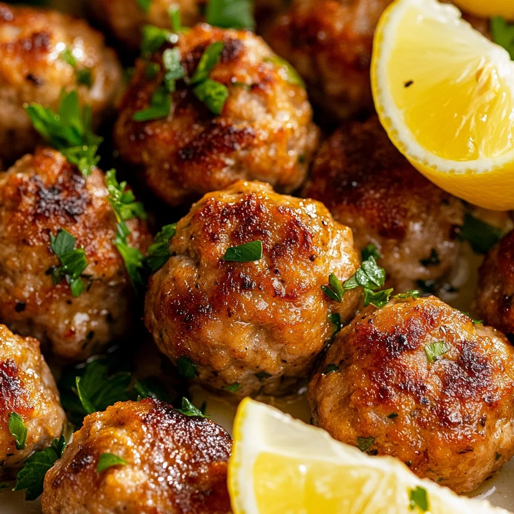 Plate of Greek Turkey Meatballs served with tzatziki sauce and herbs