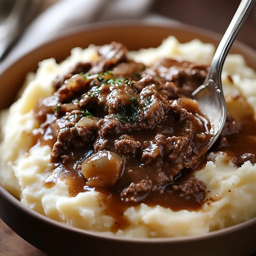 Ground beef and gravy served over fluffy mashed potatoes in a bowl.